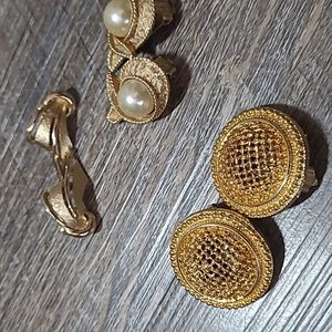 3 Pair Gold Tone Clip Non Pierced Earrings